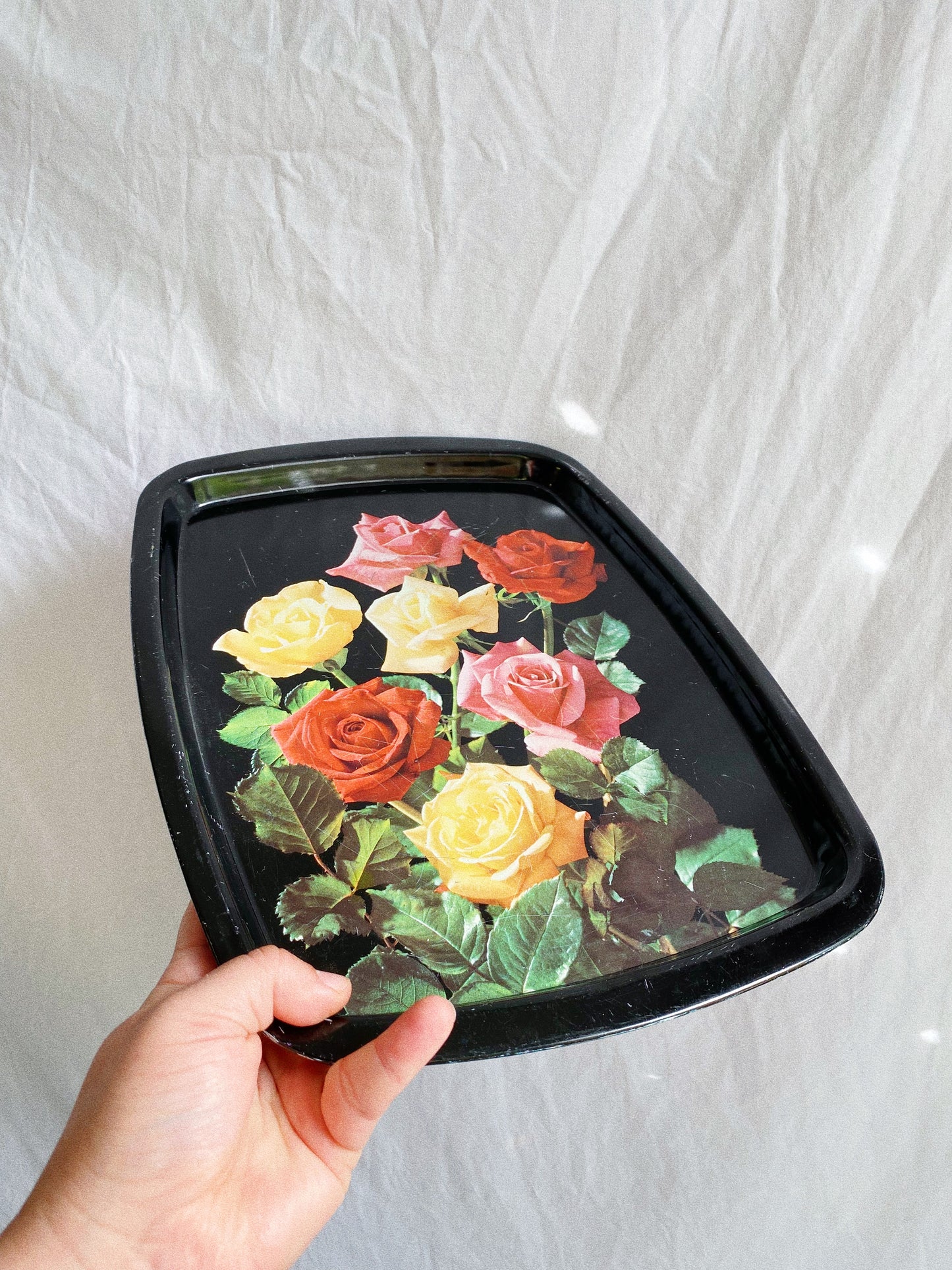 Vintage Black & Floral Metal Worcester Ware Tray