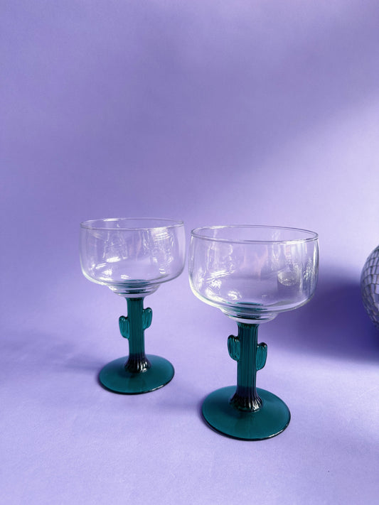 Libbey Cactus Margarita Glasses Set of 2 Green Stem Clear Glass