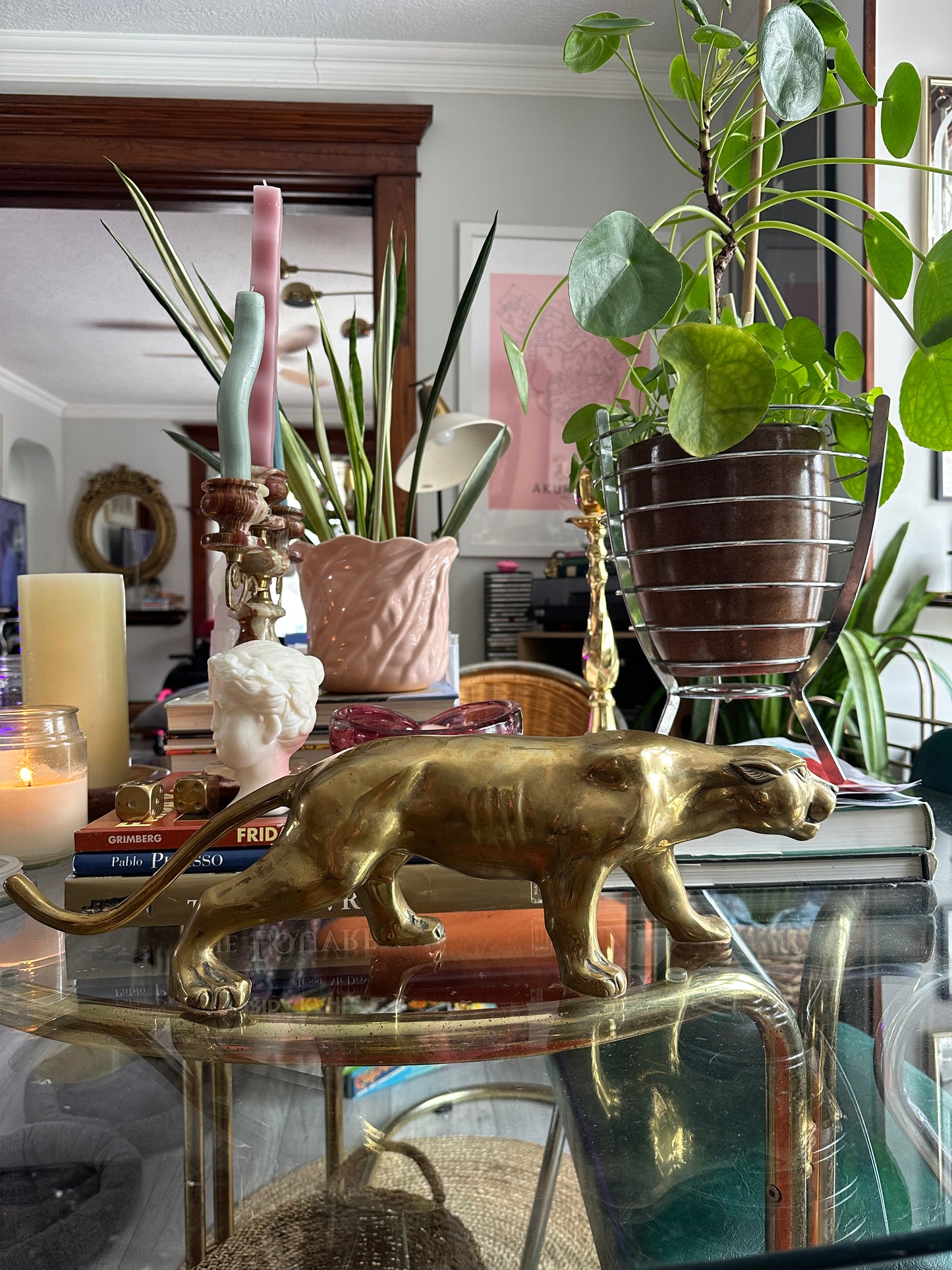 Vintage Large Solid Brass Panther Sculpture