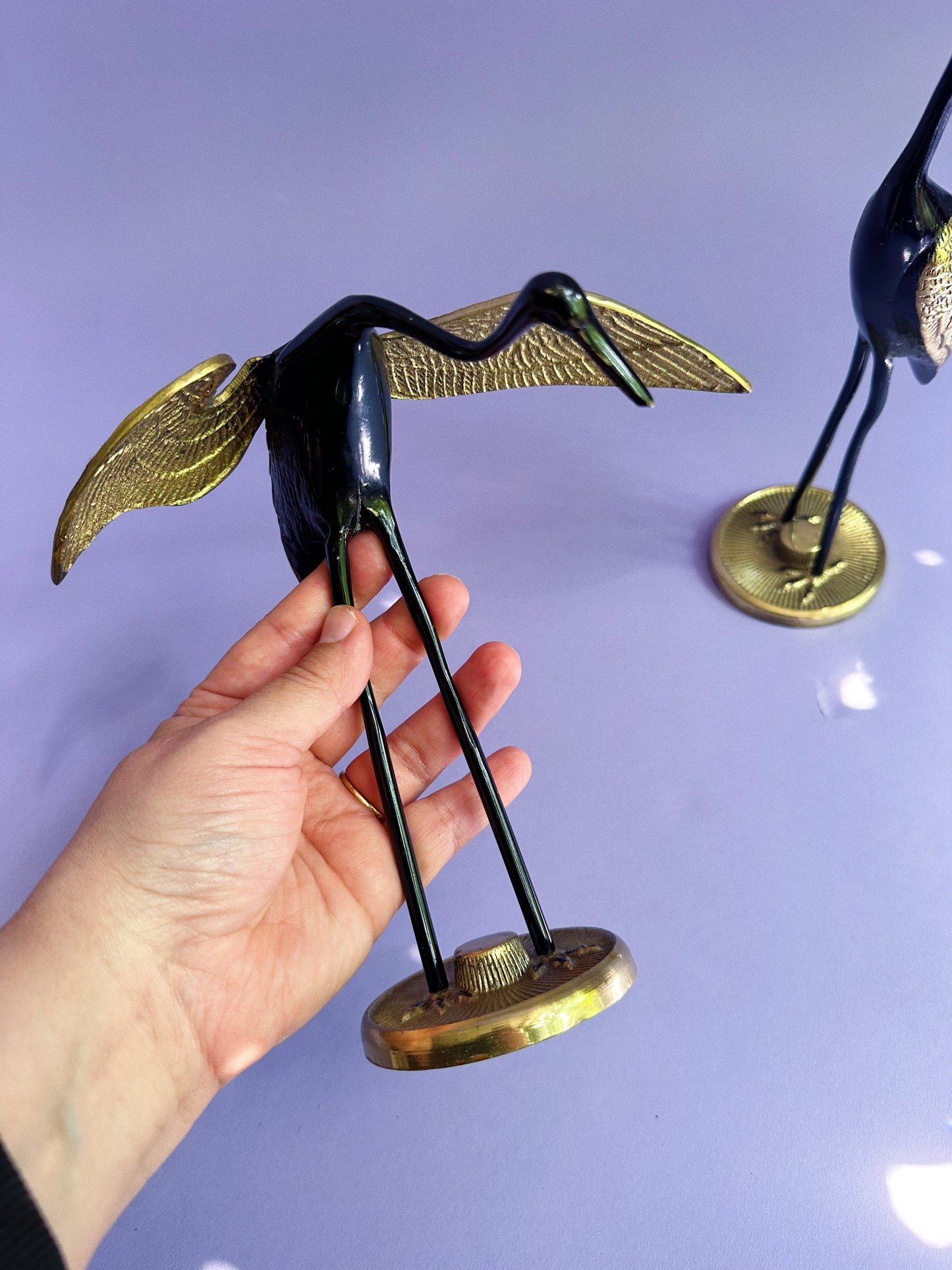 Vintage MCM Brass & Black Enamel Herons / Cranes Sculptures