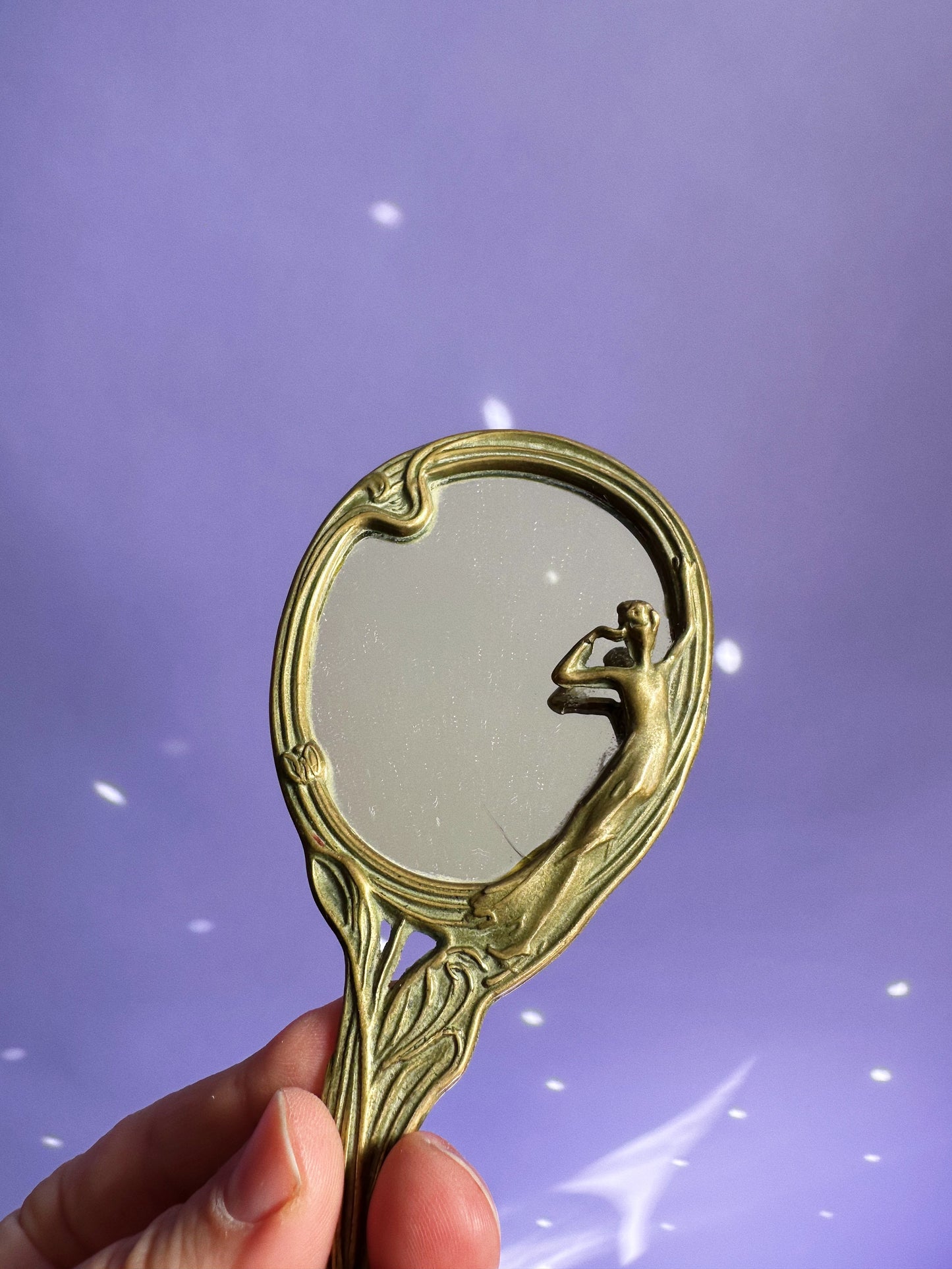 Mini Vintage Brass Lady In The Lake Hand Mirror