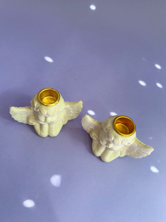 Pair of Sweet Cherub Ceramic Candlesticks for Taper Candles