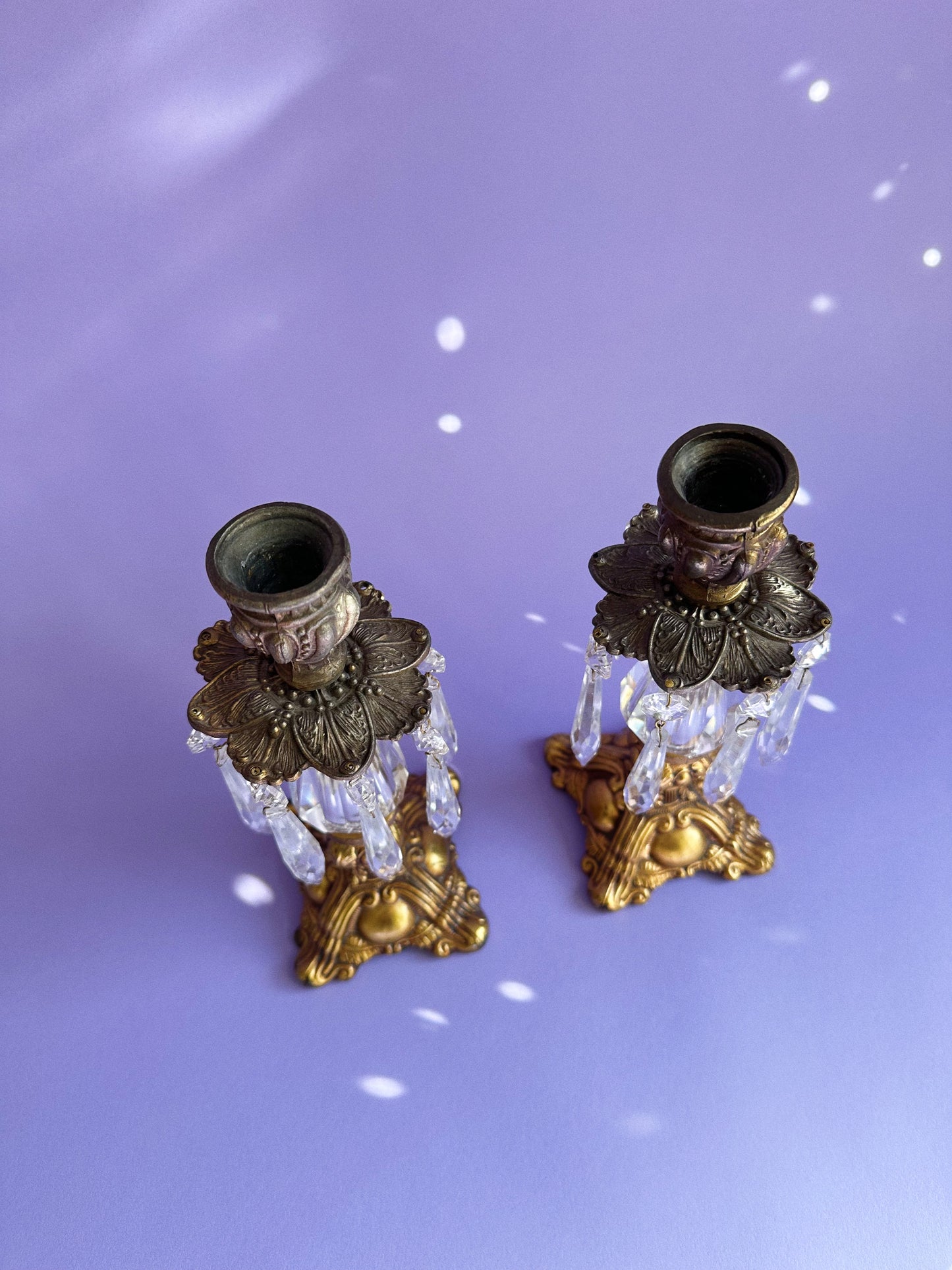 Pair Antique Hollywood Regency Style Ornate Gold Cast Brass Candlestick Holders