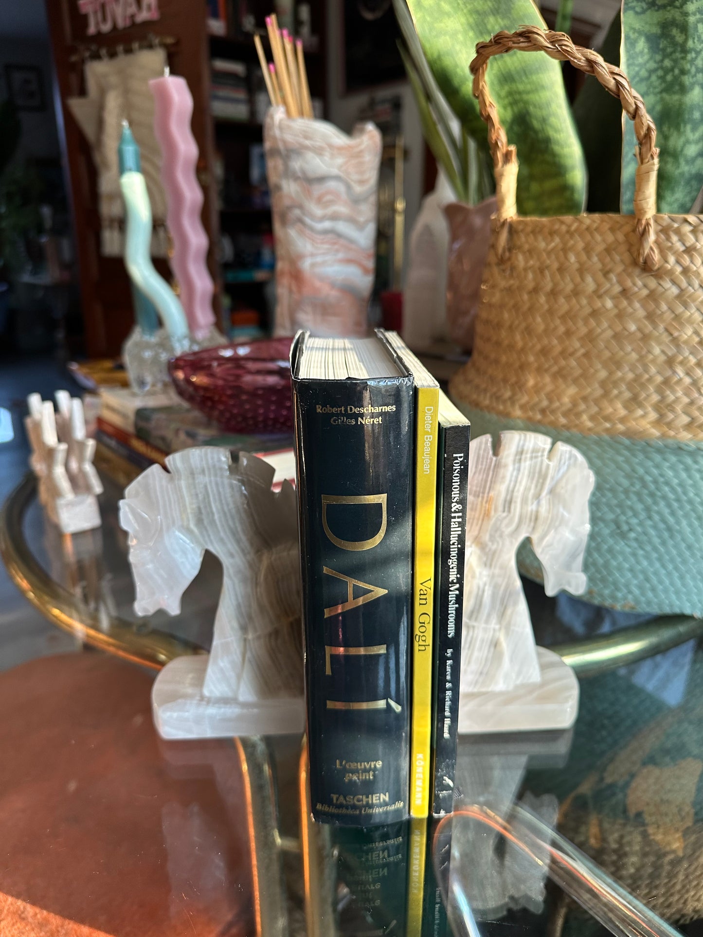 Vintage Pair Carved Onyx Stone Trojan Horse Head Bookends 6 1/4”