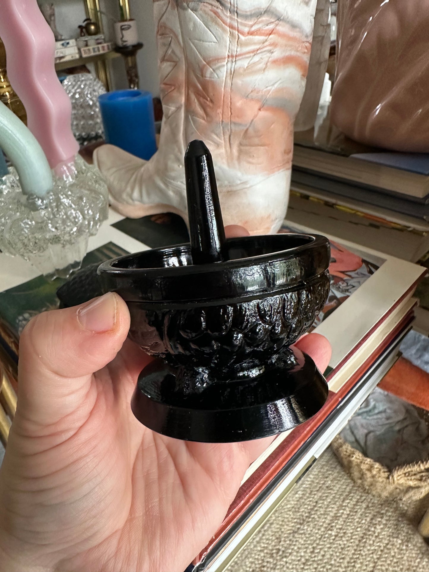 Vintage Fenton Glass Wise Owl Decision Maker Black Trinket Dish – Swivel Head
