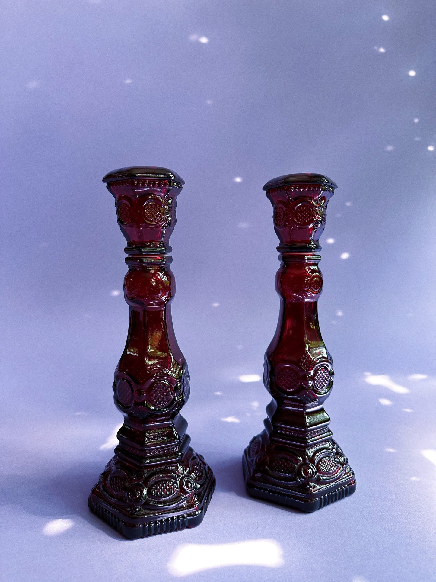 Pair of Vintage Avon 1876 Cape Cod Ruby Red Glass Cologne Bottle Candlesticks