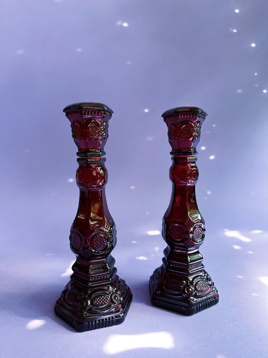 Pair of Vintage Avon 1876 Cape Cod Ruby Red Glass Cologne Bottle Candlesticks