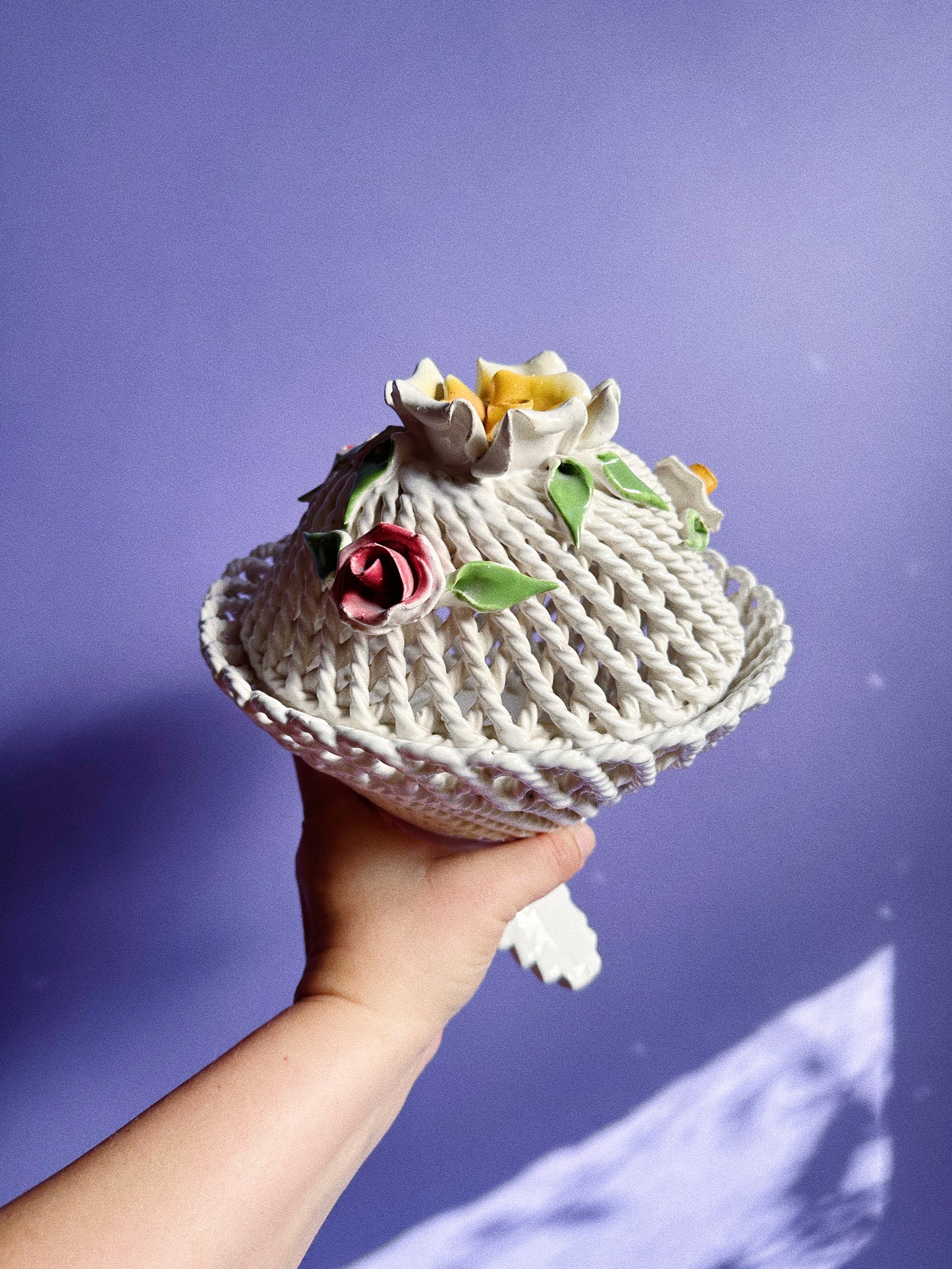 Vintage Lidded Capodimonte Weaved Basket Dish