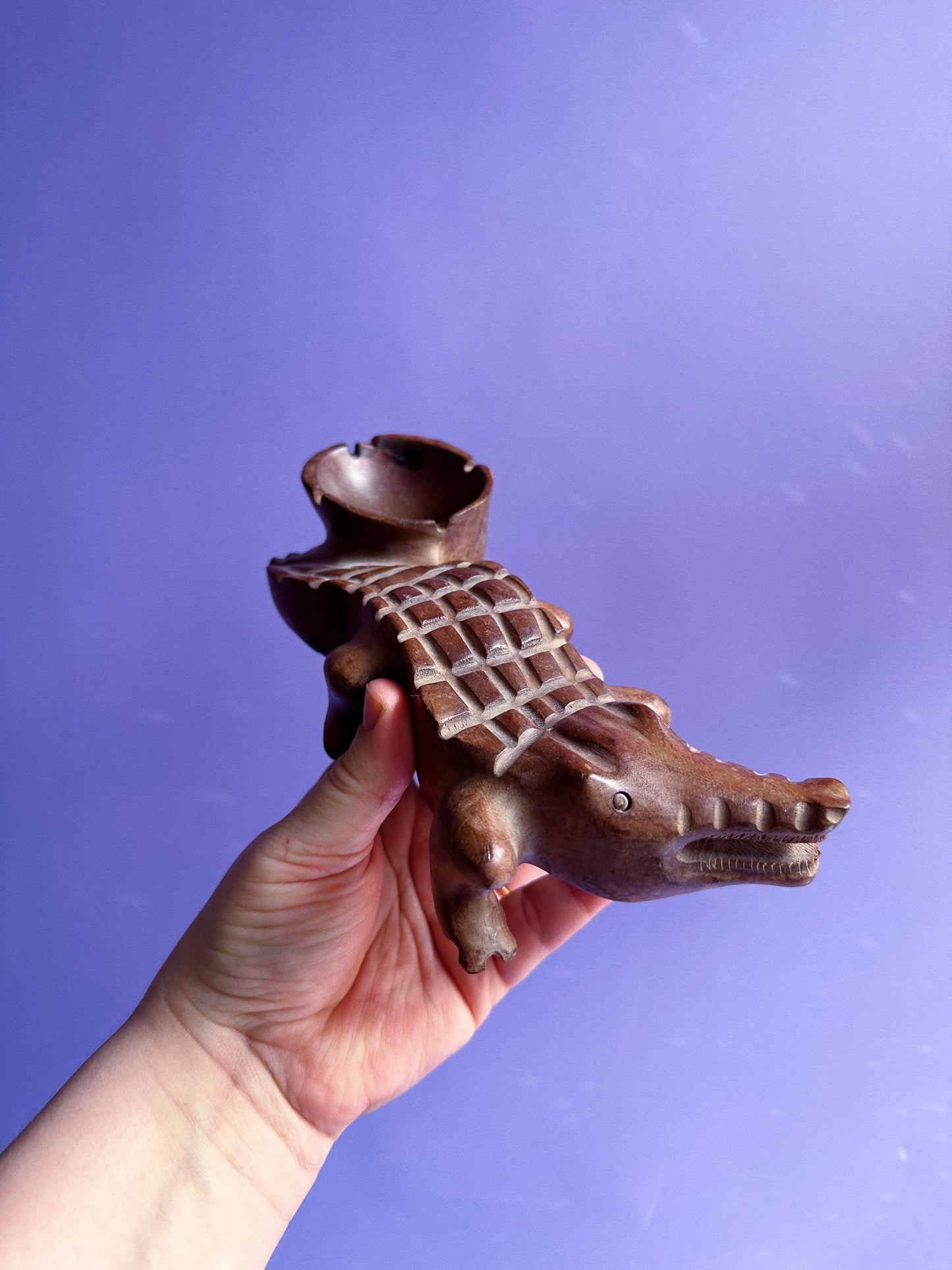 Vintage Carved Wooden Alligator / Crocodile Ashtray / Trinket Dish - Brown