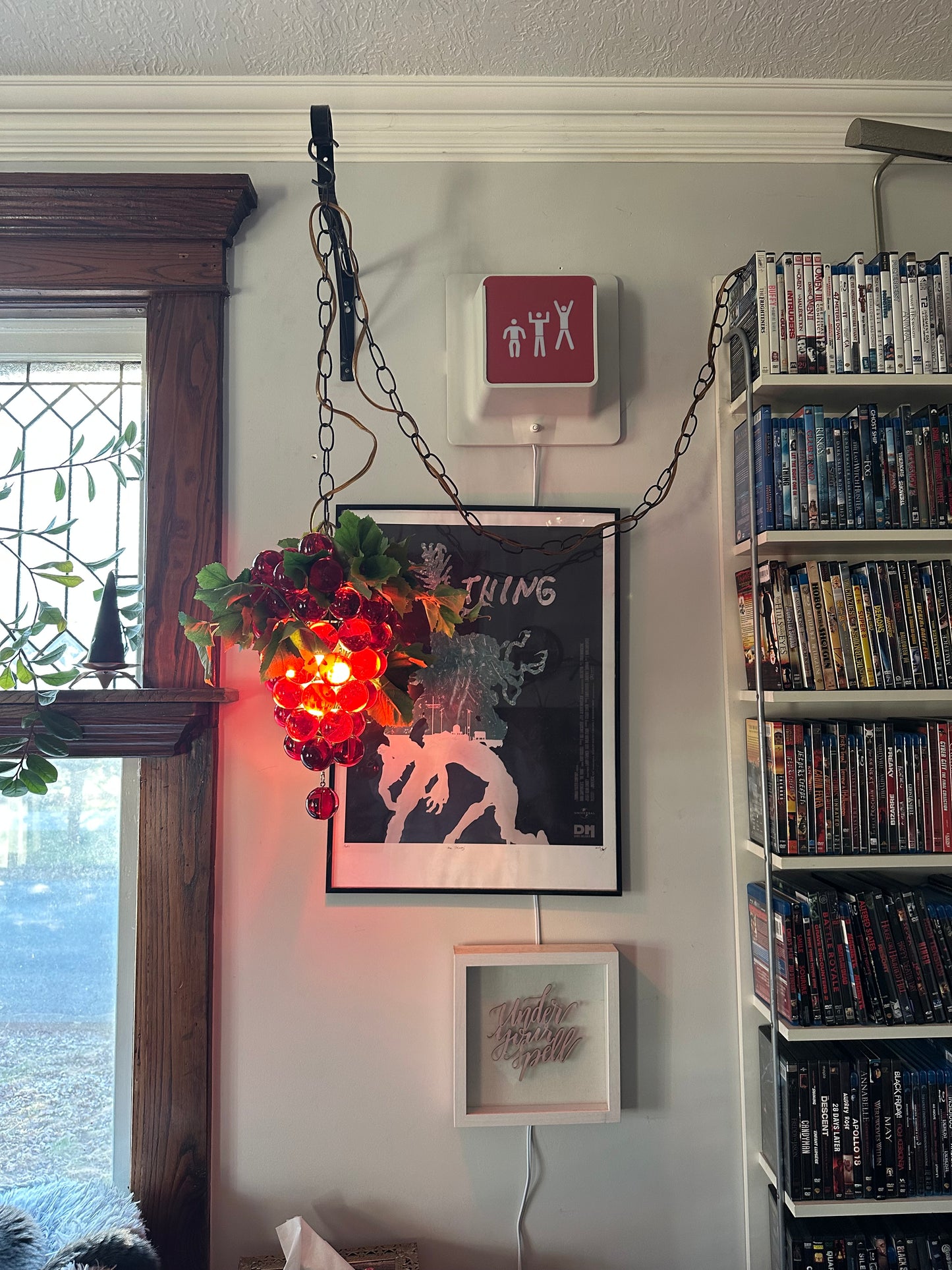 Vintage Large MCM 60s Hanging Swag Lamp of Lucite Grapes Red Cluster Vines Heavy