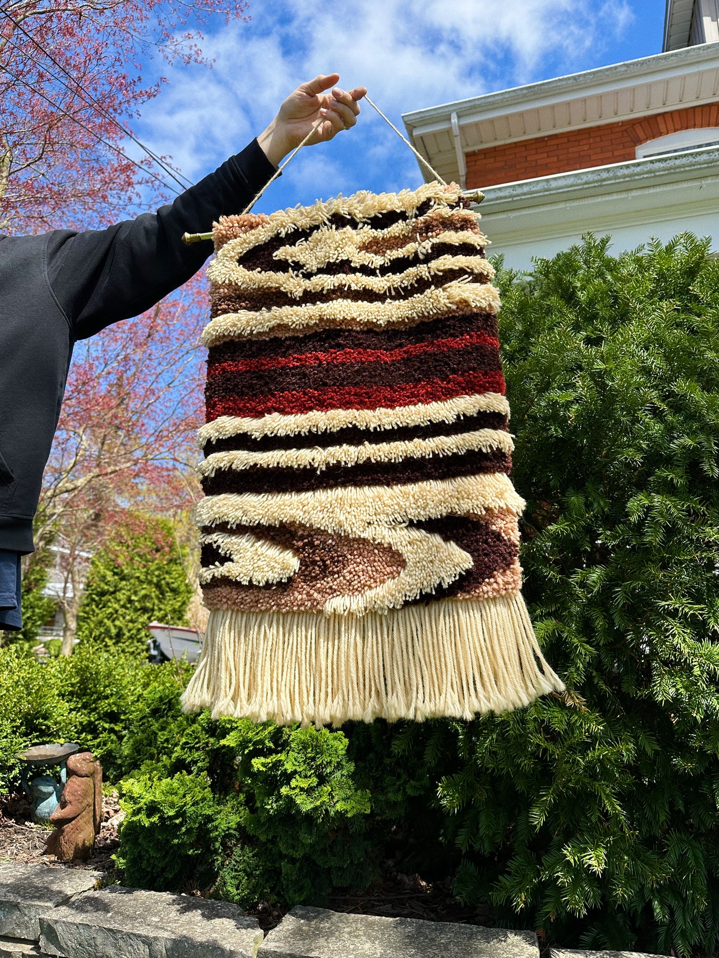 Vintage MCM Latch Hook Wall Art Brass Rod Hanging