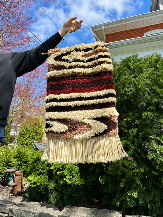 Vintage MCM Latch Hook Wall Art Brass Rod Hanging