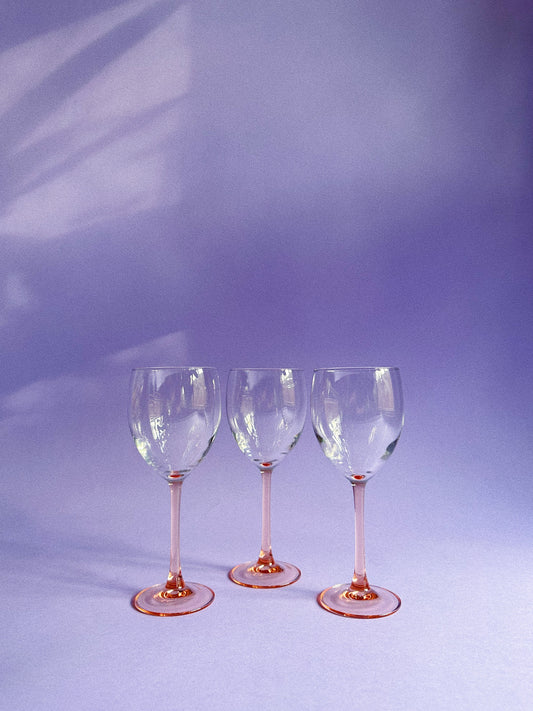 Set of 3 Pink Stemmed French Wine Glasses