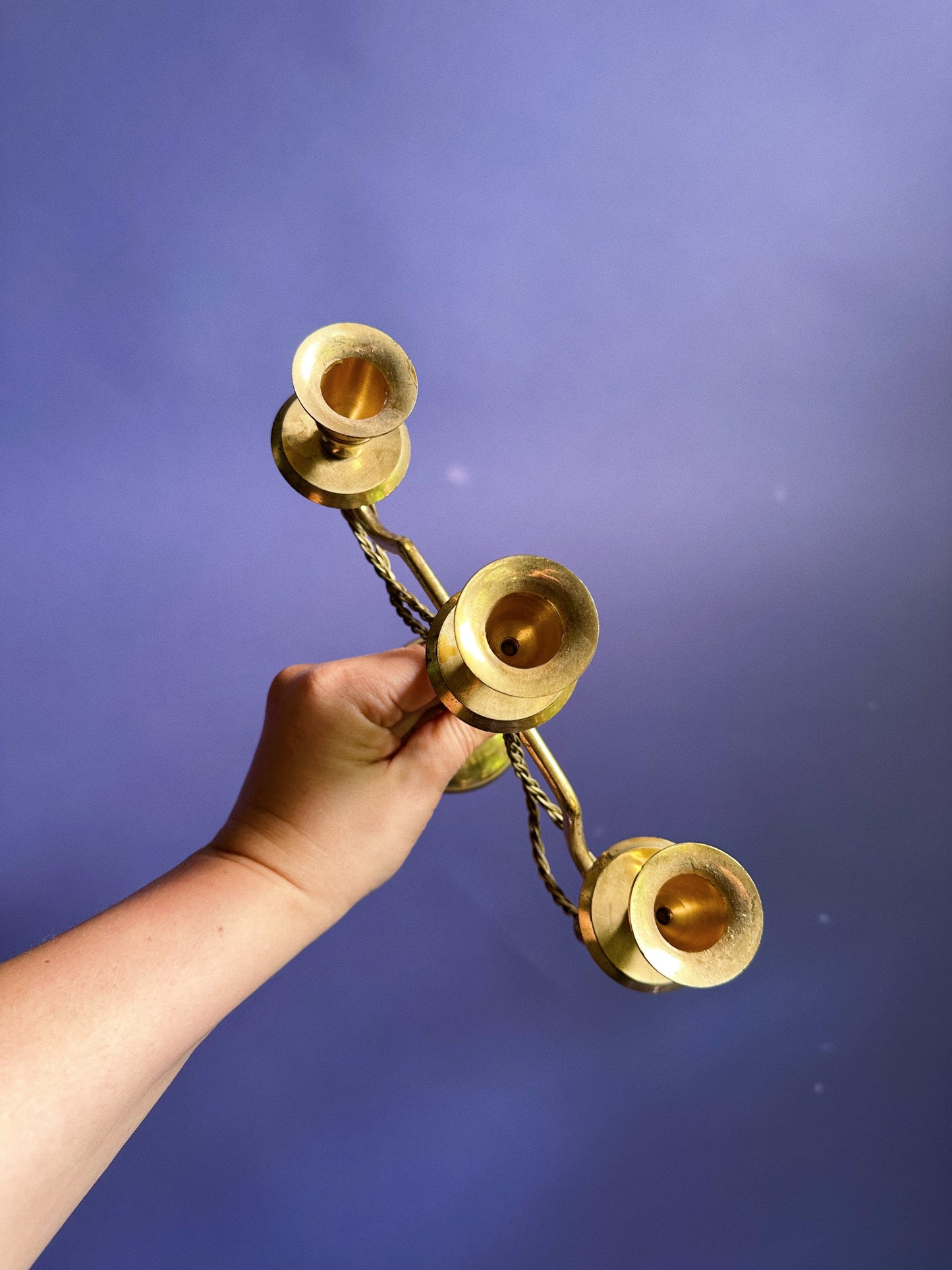 Pair Of Vintage Brass 3 Arm Candelabra Candles Braided Rope Goth Victorian