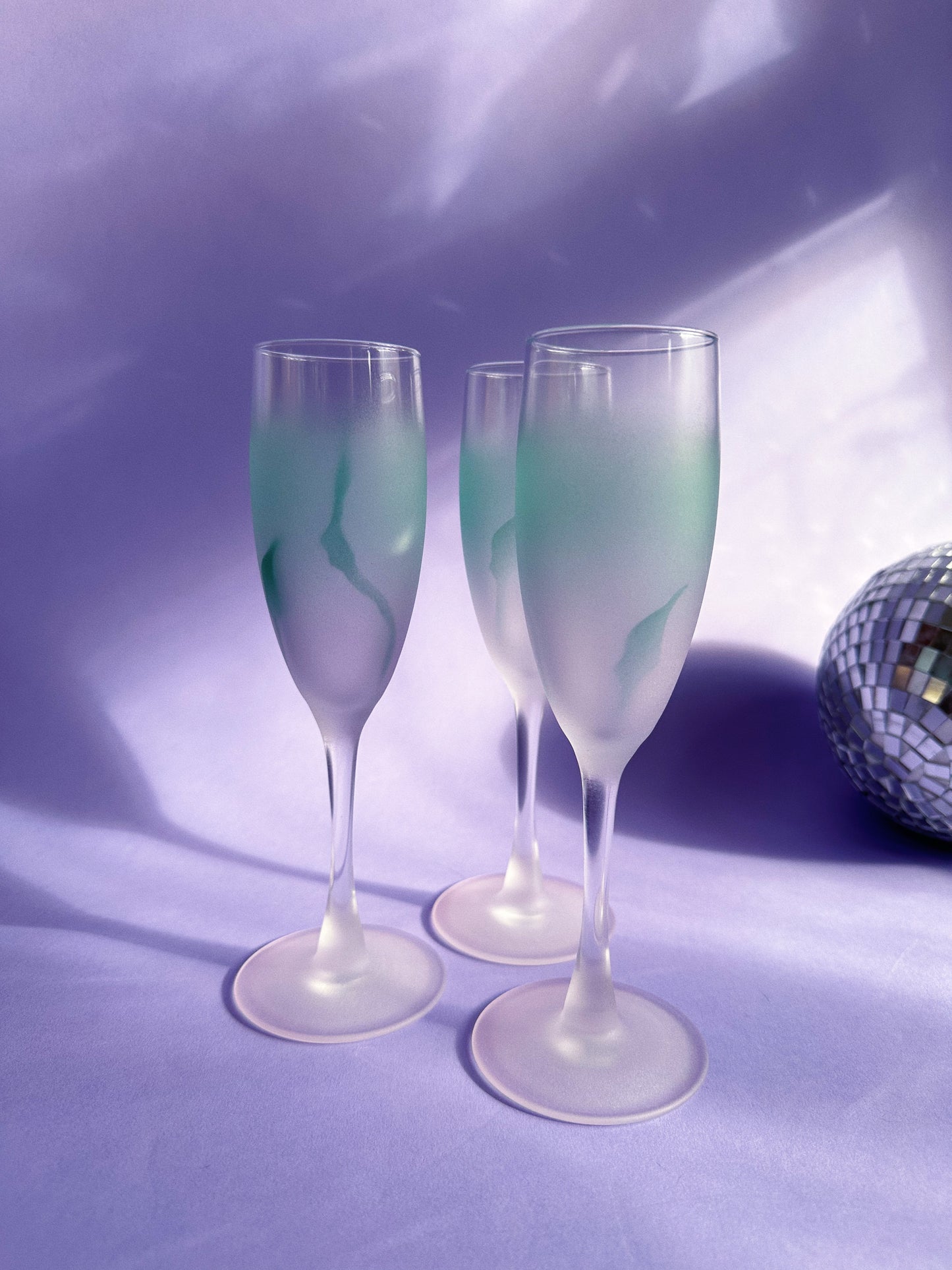 Vintage Teal & Purple Frosted Watercolour Luminarc France Champagne Flutes