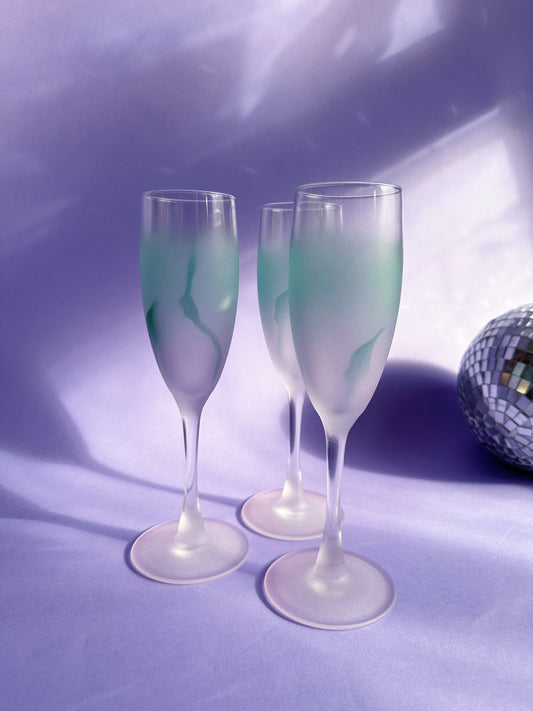 Vintage Teal & Purple Frosted Watercolour Luminarc France Champagne Flutes