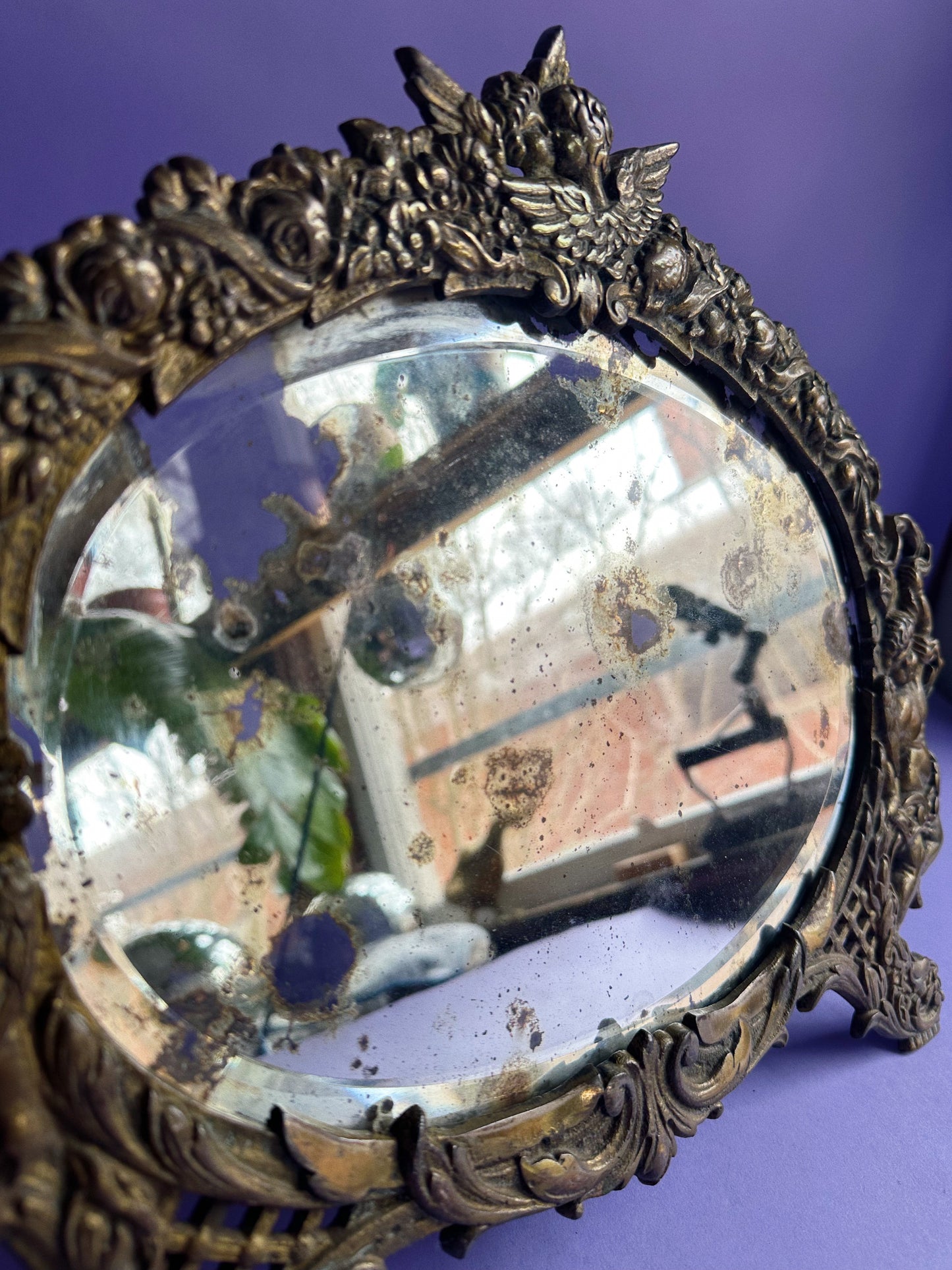 Antique Brass Victorian Ornate Cherubs & Beveled Edge Mirror