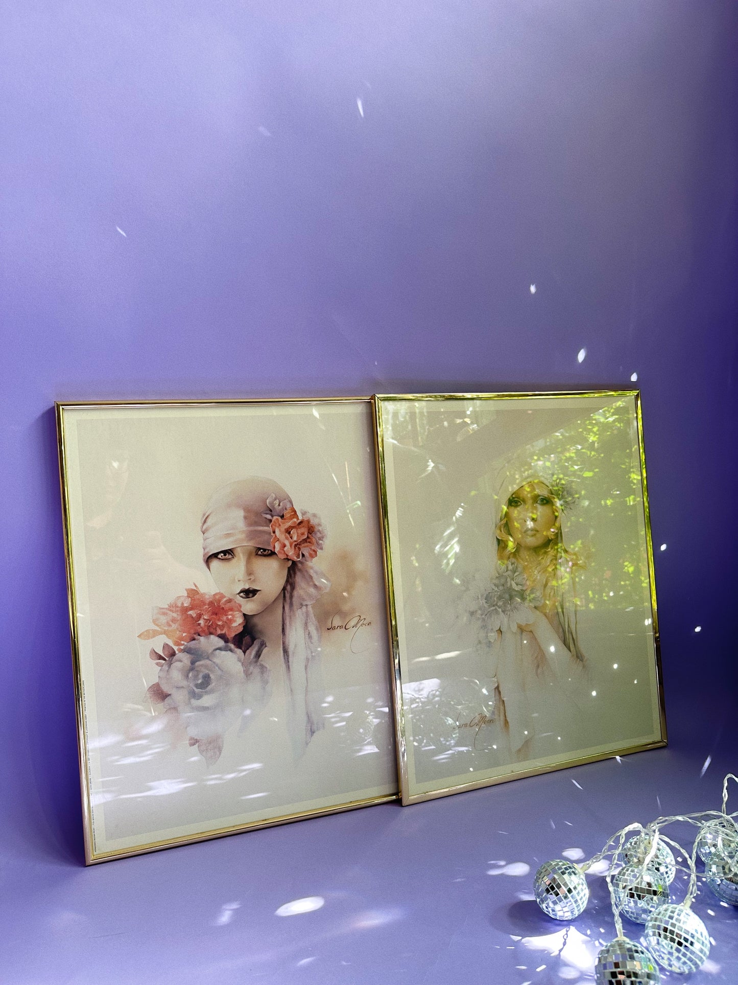 Vintage 80s Sara Moon “Claudia” & “Sara” Brass Framed Lithograph Prints