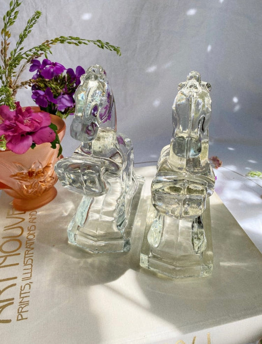 Heavy Clear Glass Vintage Rearing Horse Bookends