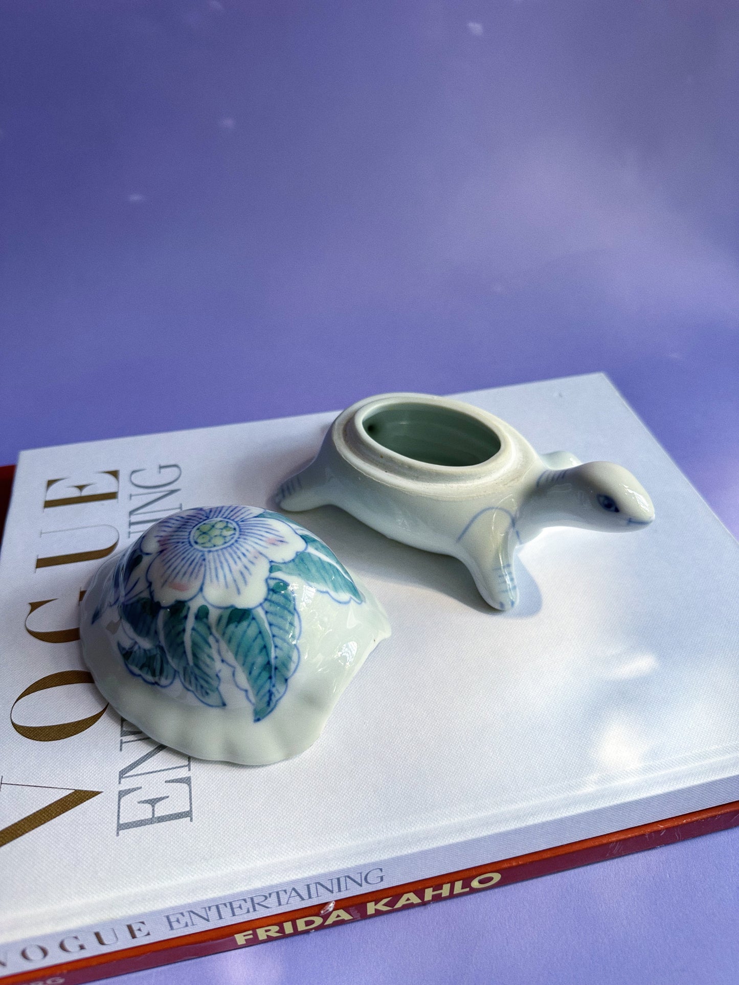 Vintage Porcelain Floral Turtle Trinket Lidded Dish