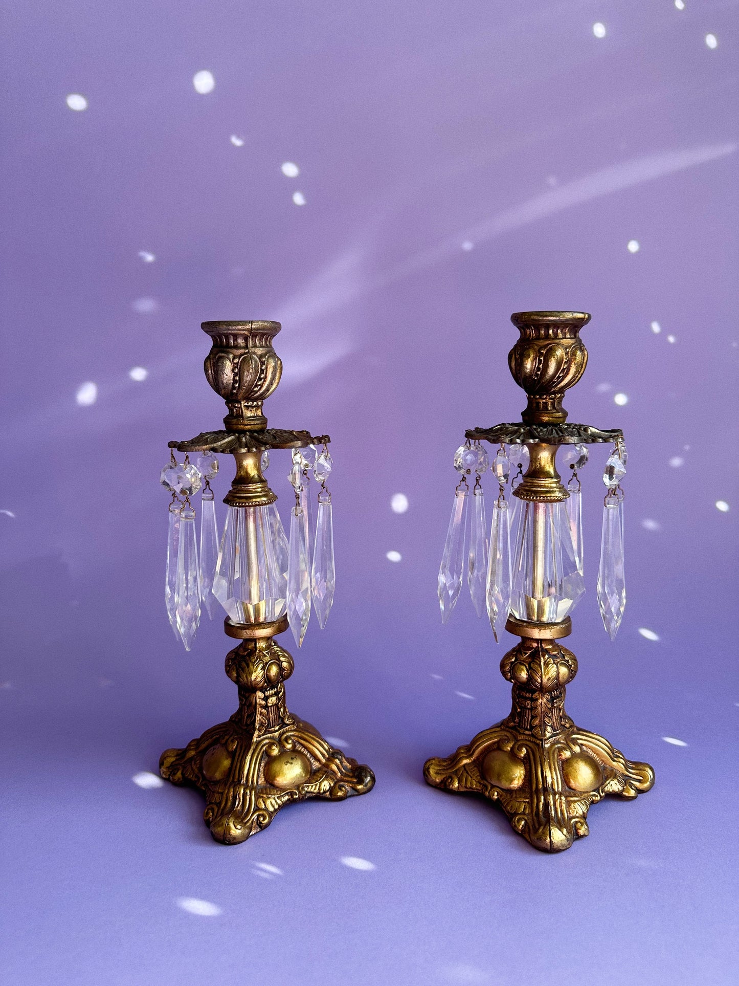 Pair Antique Hollywood Regency Style Ornate Gold Cast Brass Candlestick Holders