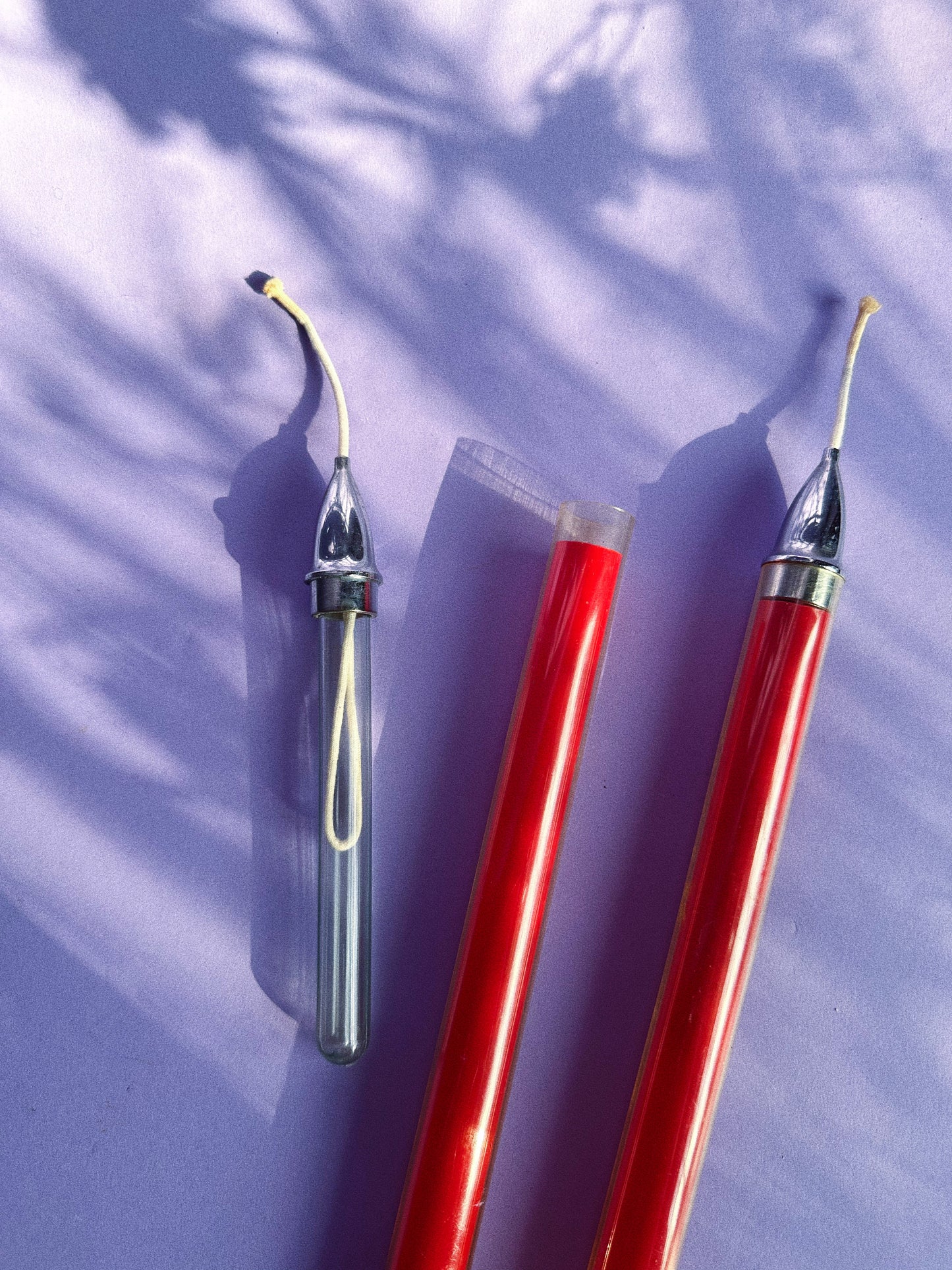 Vintage MCM Red Milbern 12" Refillable Lighter Fluid Burning Candle Tapers