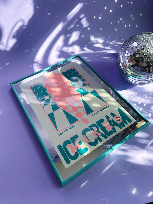 Vintage Framed Post Modern 80s Mike’s Ice Cream Mirror / Print