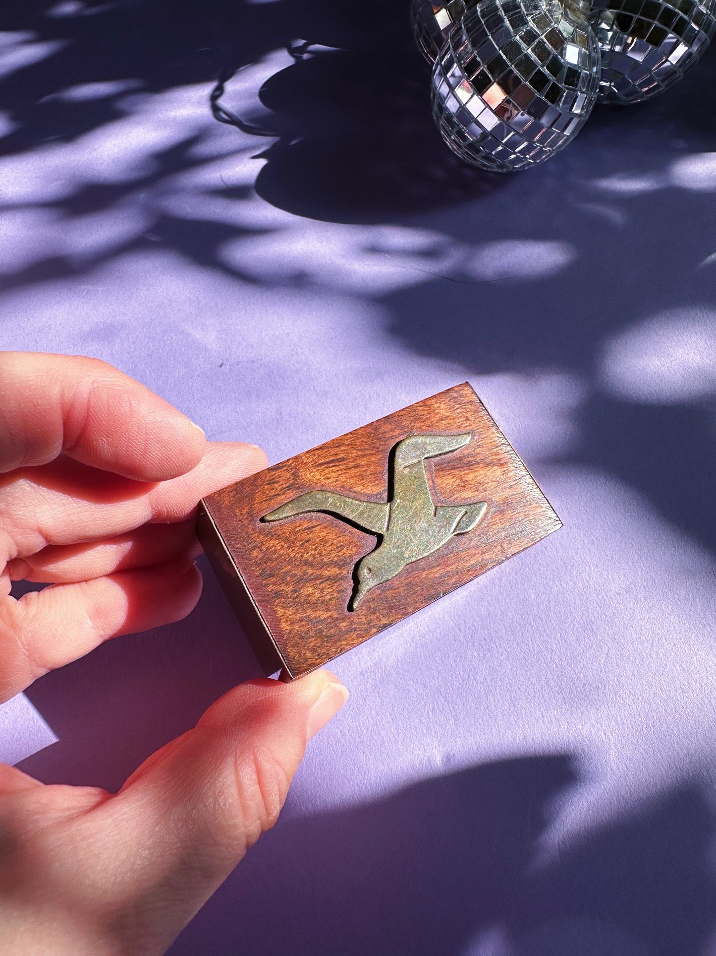 Wood & Brass Small Chest-Shaped Box With Brass Bird Inlay For Pills / Matches