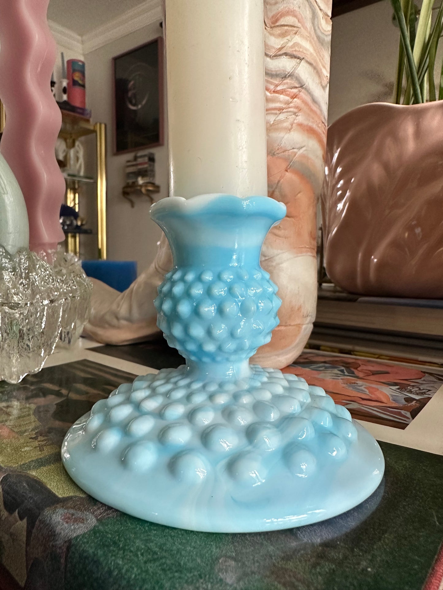 Vintage Fenton Blue Hobnail Glass Candlestick Pair Slag Glass