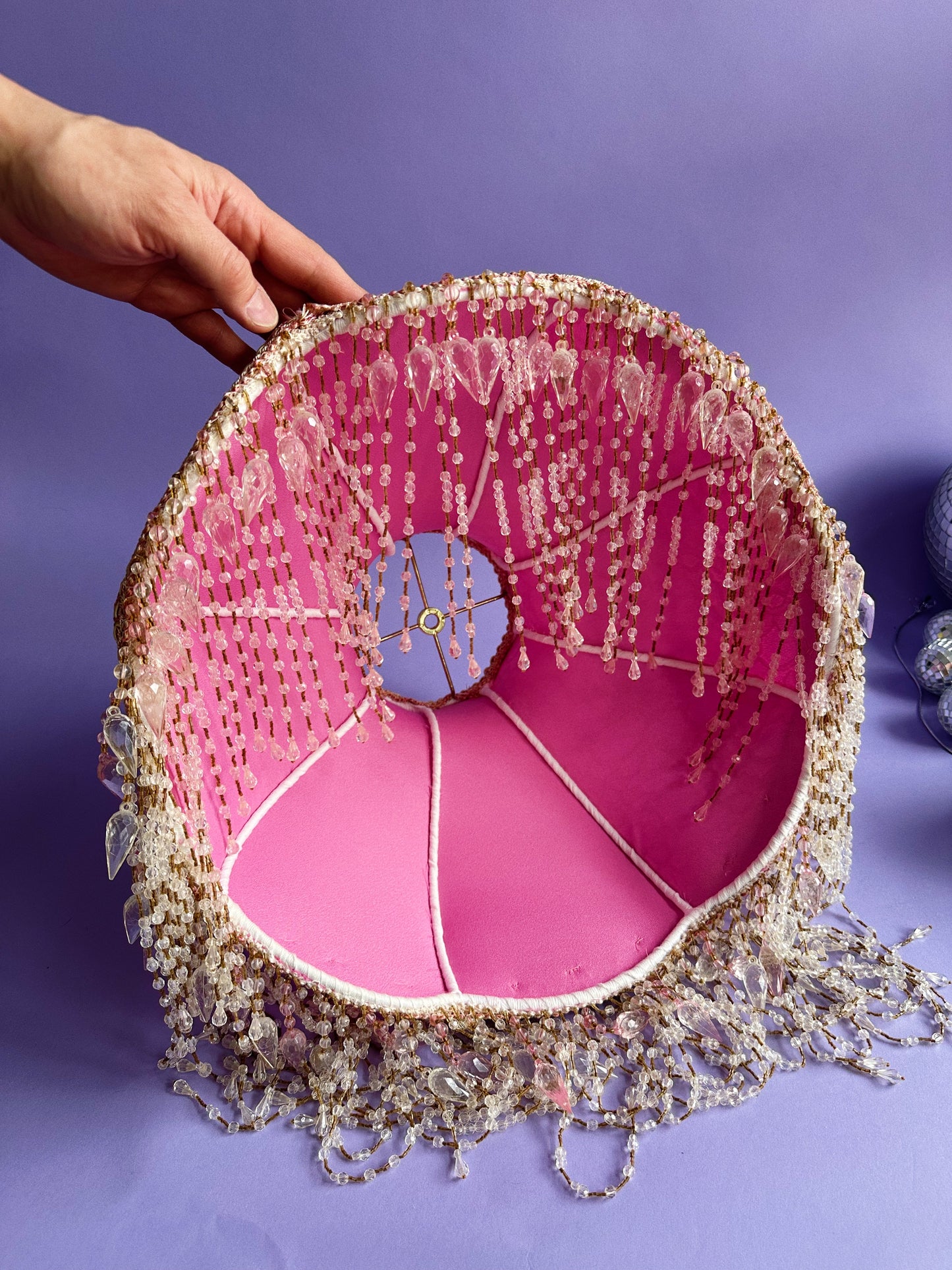 Pair of Victorian French Large Lamp Shade Lace "Blush" Pink Bead Fringe Scallop