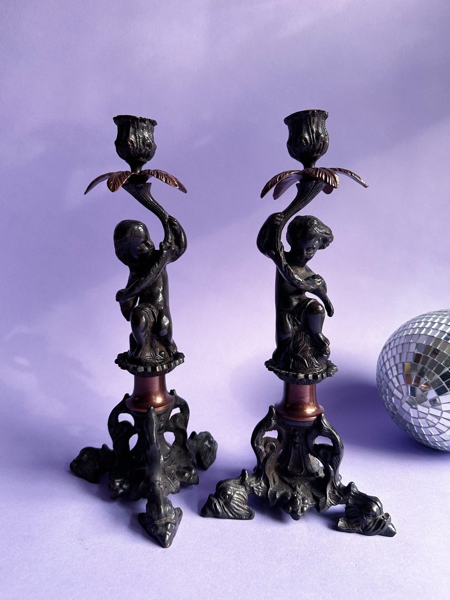Pair Of Vintage Antique Heavy Cast Metal Cherub Candlesticks