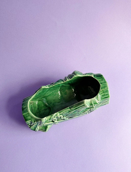 Vintage McCoy Ceramic Planter Log with Saw and Axe and Chains Decoration Motif