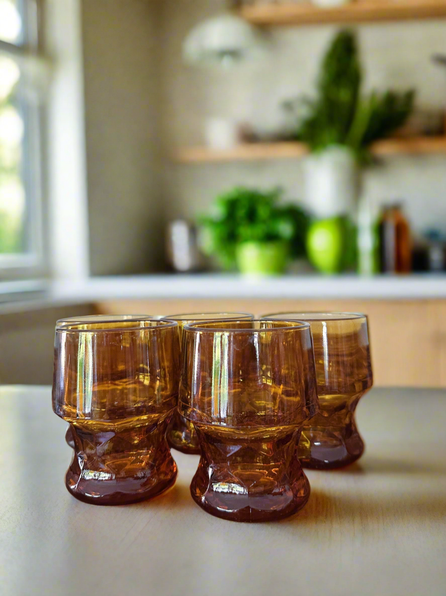 Vintage Set of 5 Amber Libbey Heavy Bottom Glass Tumblers