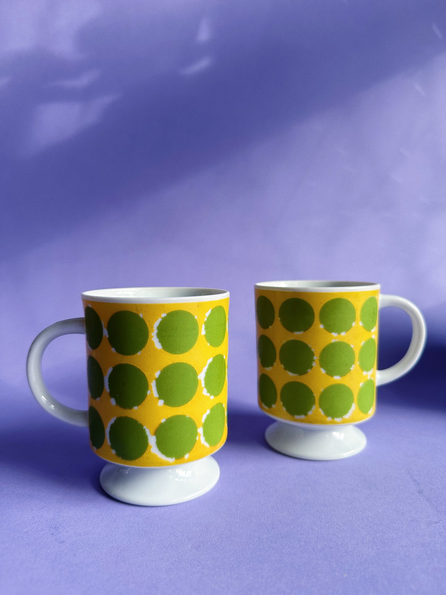 Pair of Vintage 70's Retro Green Yellow Footed Polka Dot Coffee Mug Tea Cups