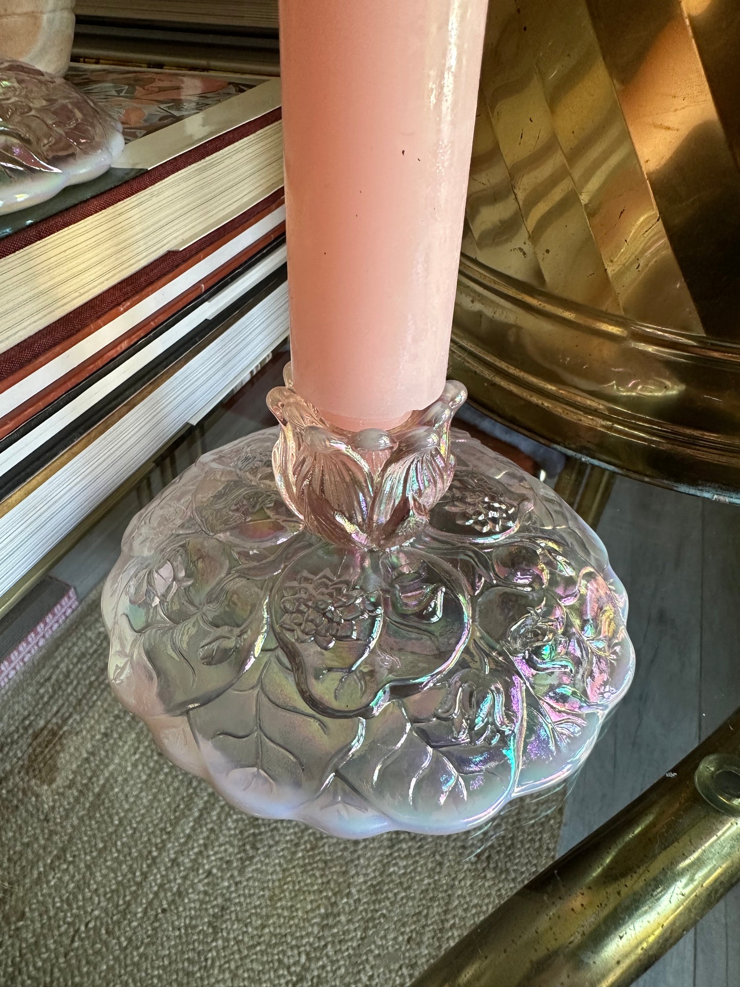 Vintage Fenton Pink Opalescent Carnival Glass Water Lilly Candlestick Holders
