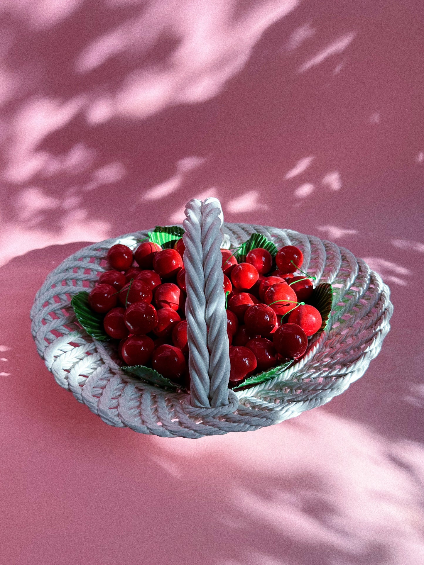 Vintage Capodimonte Large Heavy Weaved Cherry Basket Green Leaves Made In Italy