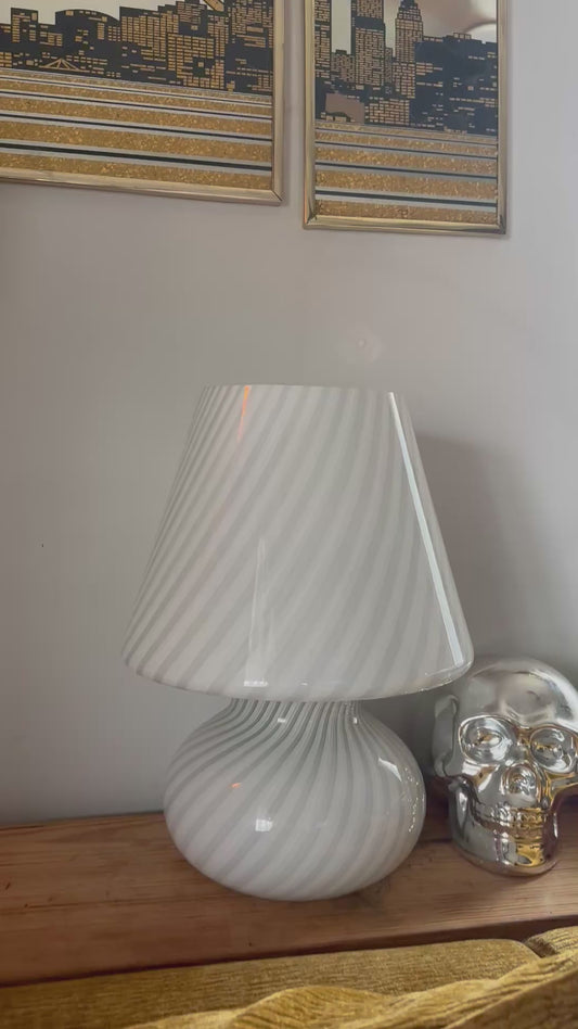 Vintage Vetri Murano White Swirl Glass Mushroom Table Lamp
